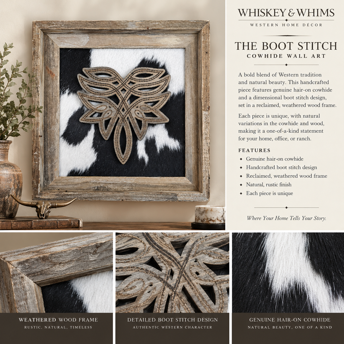 The Ranch Heirloom | Boot Stitch & Genuine Cowhide Wall Art