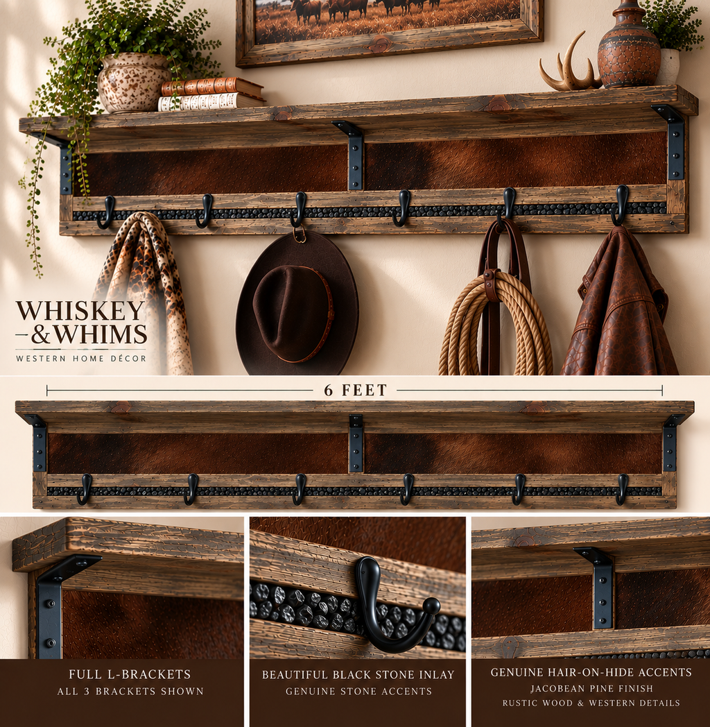 The Stockman's Reserve | 72" & 36" Cowhide & Stone Inlay Wall Shelf