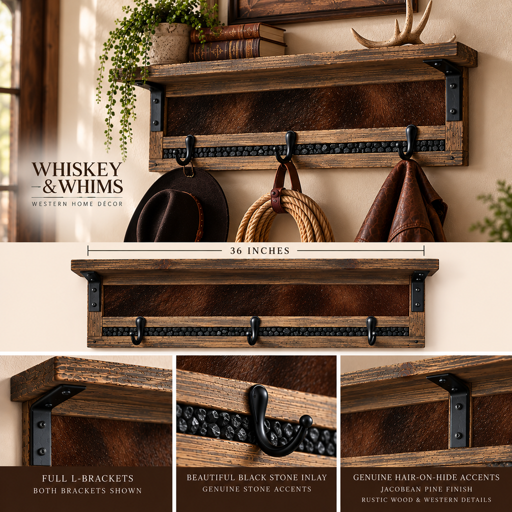 The Stockman's Reserve | 72" & 36" Cowhide & Stone Inlay Wall Shelf
