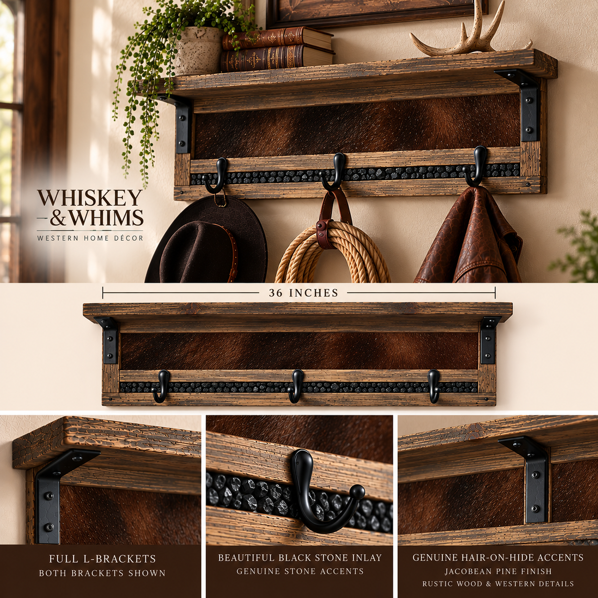 The Stockman's Reserve | 72" & 36" Cowhide & Stone Inlay Wall Shelf